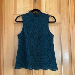 H&M lace mock turtleneck sleeveless blouse, deep green, size 10